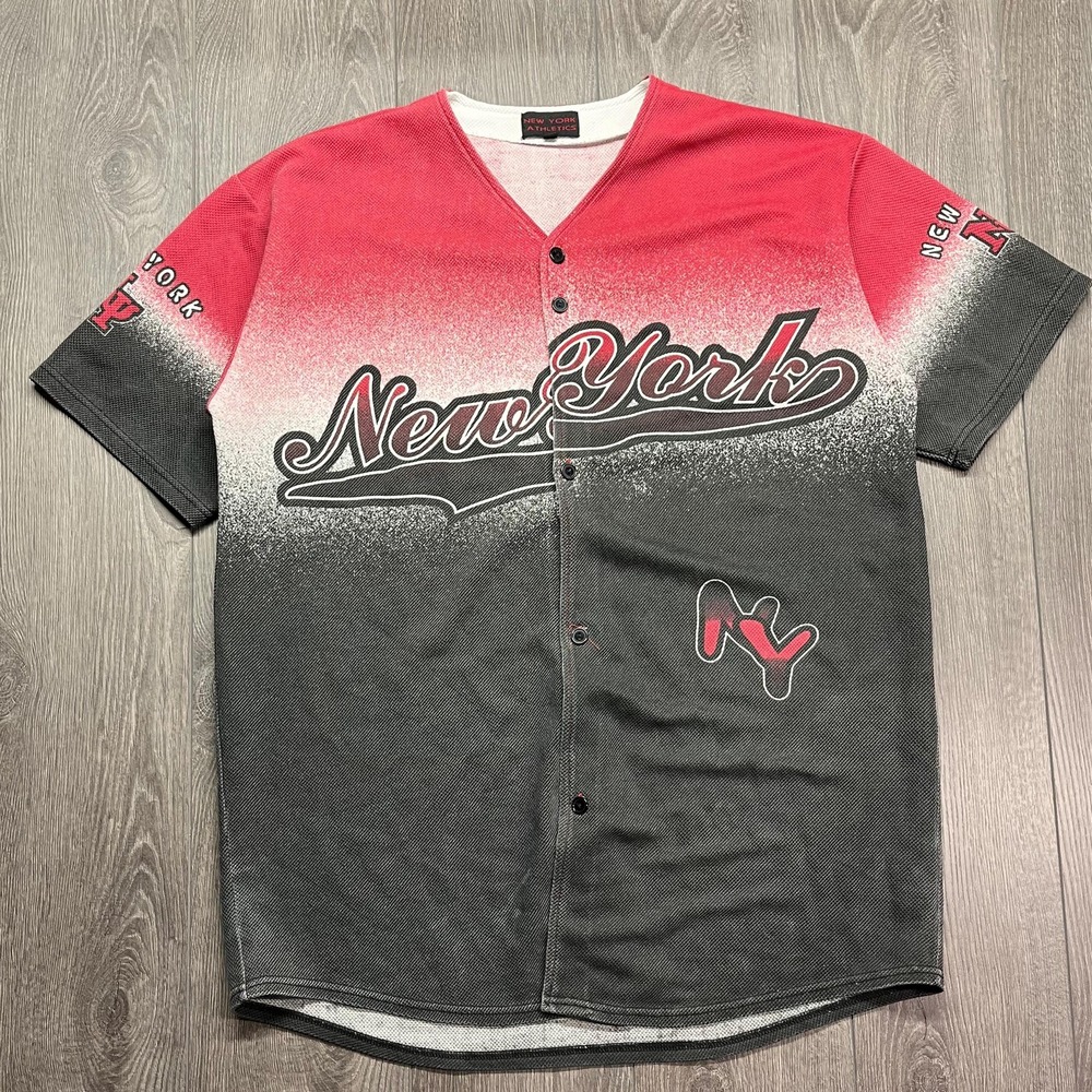 Vintage New York Script Y2k Button Down Shirt Red XL Rare Hip Hop Streetwear